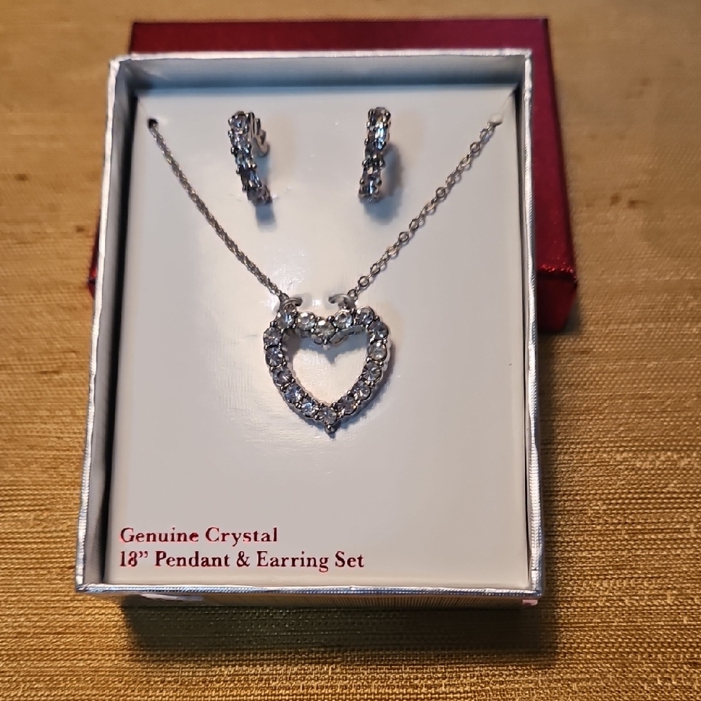 Silver Crystal Heart Pendant & Earring Set